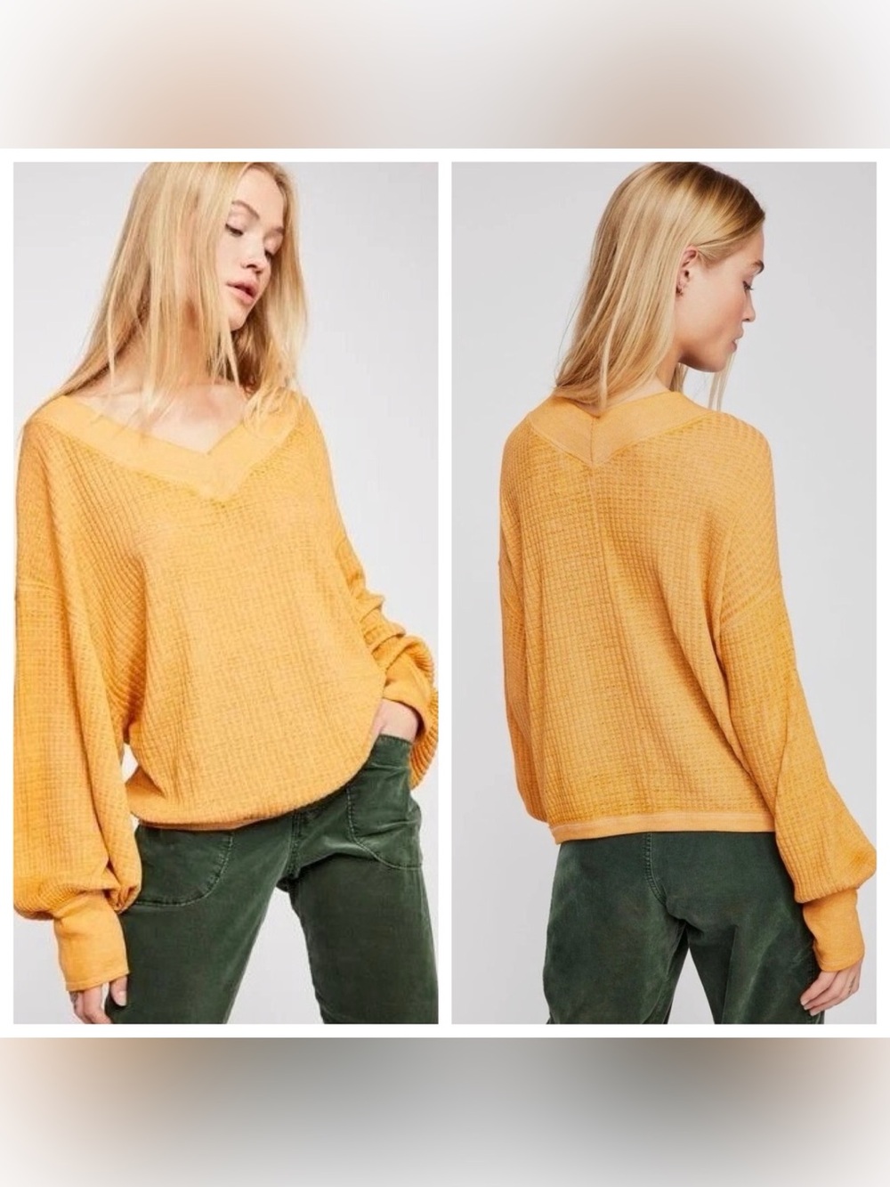 We The Free V-Neck Waffle Knit Sweater - Mustard